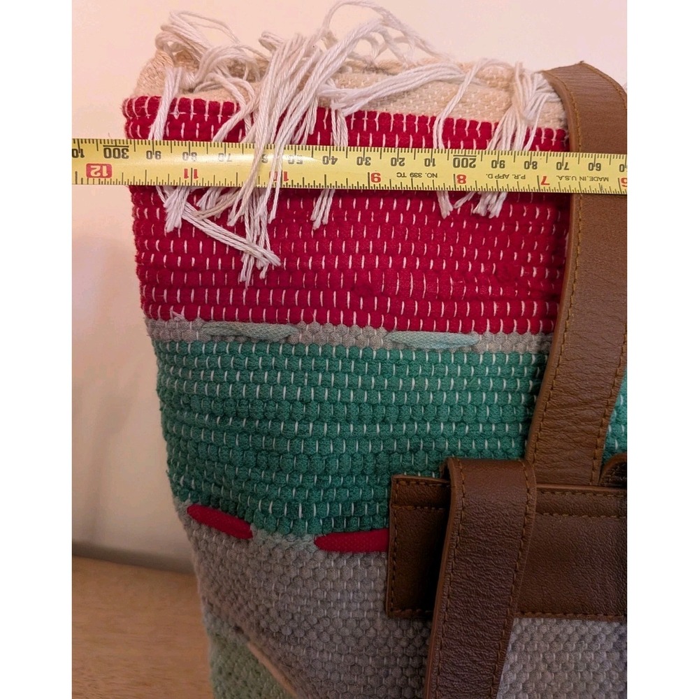 Boho Woven Textile Leather Bucket Backpack Fringe Multi-Color Striped Purse - Picture 14 of 14